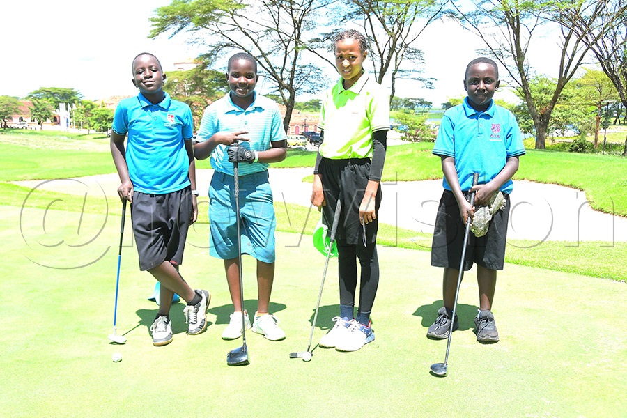 Players in the primary category during the 2026 Inter-Schools Golf Championship at Lake Victoria Serena Golf Resort and Spa in Kigo on May 5. From left: Michael Mohan, Martin Rukundo, Maja Darlyn, and Nirere Kamali. Photo: Silvano Kibuuka