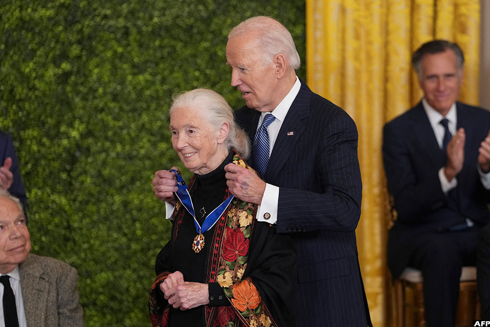 Goodall receives the Medal of Freedom from United States President Joe Biden during a ceremony at the White House in Washington, DC, January 4, 2025