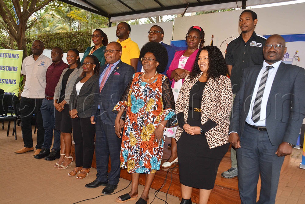 The minister of science, technology and innovation Dr Monica Musenero (third right) front row poses for a group photo with Bosco Lepi (right) the president of Uganda Institution of Professional Engineers (UIPE), Refilwe Buthelezi (second right) the president of Federation of African Engineering Organisation (FAEO) and Dr Martin Manuhwa (fourth right) after addressing a pressing conference at Uganda Media Centre in lKampala on August 6, 2025. (Photo by Francis Emorut)