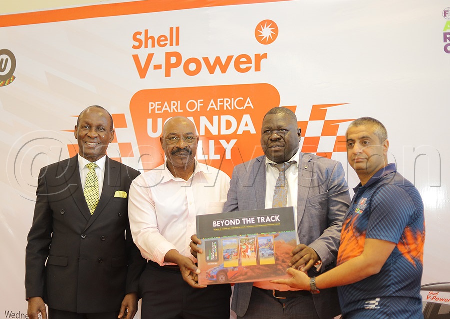 Mike Mukula (L), FMU Vice President Hajji Hamidu Gombe (2nd L), NCS General Secretary Dr. Patrick Bernard Ogwel (2nd R), and 2026 Africa Rally Champion Yasin Nasser at the launch of the 2026 Shell V-Power Pearl of Africa Rally at Mestil Hotel. Photo by Johnson Were.