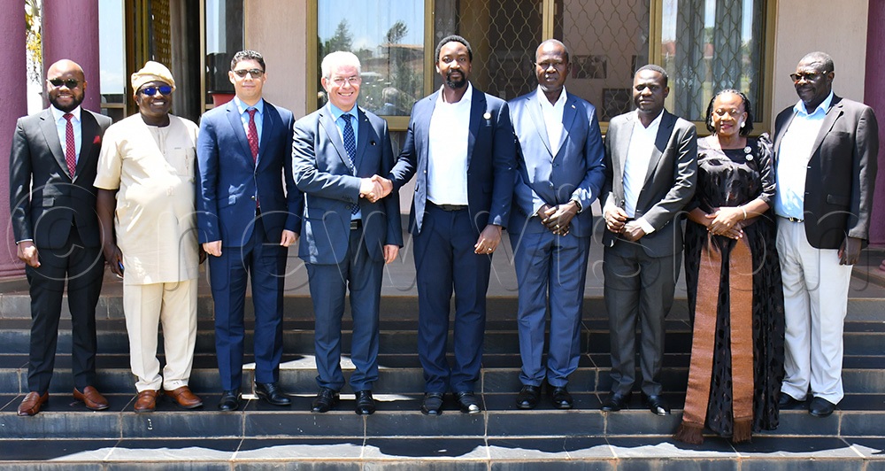 From L-R: Micheal Bulyenali, Uganda's Ambassador to Algeria Julius Joshua Kivuna, Algerian Deputy Ambassador to Uganda Habib Chabbi, Algerian Ambassador to Uganda Mourad Amokrane, Kyabazinga of Busoga William Gabula Nadiope IV, Martin Tibalira Musomesa, Busoga Kingdom's Minister of State for Finance Ivan Kiirya, Maama Robinah and Busoga Kingdom's Permanent Secretary Godfrey Sajjabi Samanya in a group photograph while at Igenge Palace in Jinja City. (Photo by Donald Kiirya)
