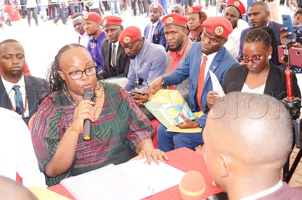 Mityana Woman MP Joyce Bagala addressing the NUP electoral committee management committee during nominations at Kavule offices during nomination. (Credit: Isaac Nuwagaba)