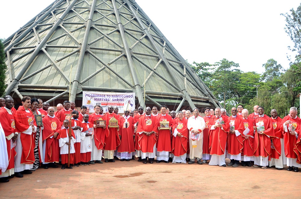 The missionaries delegatation poses for photography with Archbishop of Kampala, Paul Ssemogerere after the Mass at Uganda Martyrs Namugongo on Wednesday April 15, 2026. (Photo by Juliet Anna Lukwago)