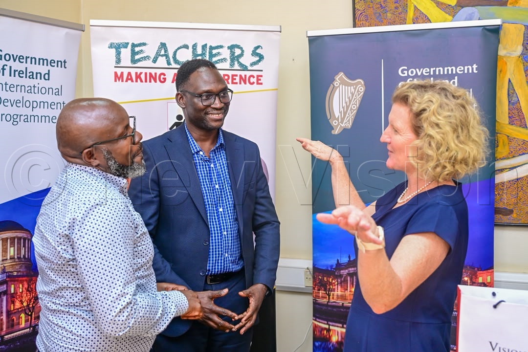 Ireland's Ambassador to Uganda, Mags Gaynor (Right), chatting with Vision Group CEO, Don Wanyama and Vision Group Editor in Chief, Sidney Miria Babanga. (Credit: Miriam Namutebi)