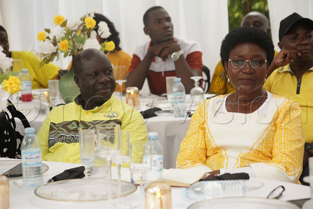 Dr Tanga Odoi, the NRM Electoral Commission Chairperson and Dr. Rosemary Seninde, NRM Director Mobilization following events at the Bugisu post NRM victory party. (Photo By Javier Silas Omagor)