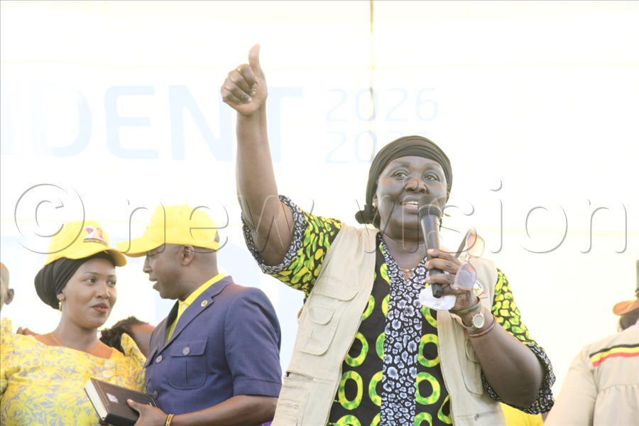 Uganda's former and First Vice President Speciosa Naigaga Wandira Kazibwe speaking to NRM supporters at Kyabazinga Grounds in Bugweri district ahead of President Yoweri Museveni’s first campaign rally of the day. (All Photos by Eddie Ssejjoba)