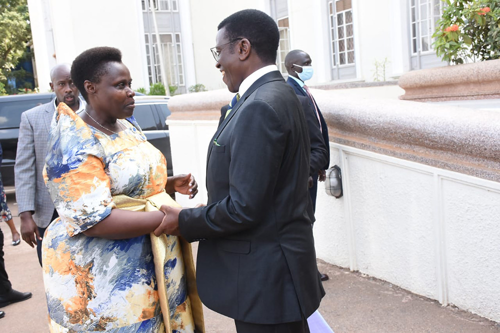 The Katikkiro of Buganda, Charles Peter Mayiga, interacting with the Vice President of Uganda, Jessica Alupo. (Courtesy photo)