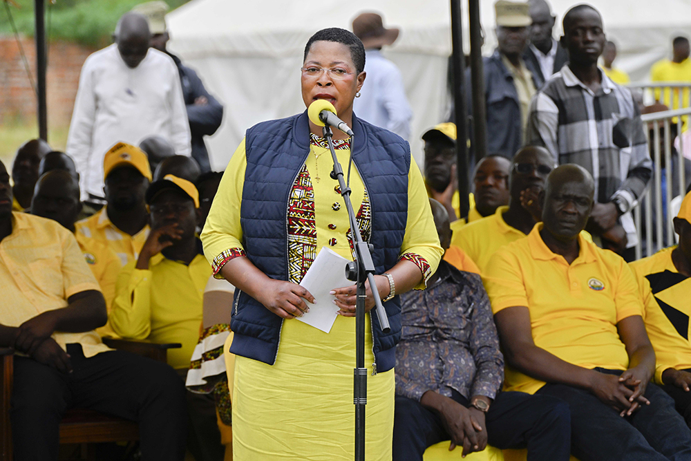 The NRM Second National Vice Chairperson (Female) Rt. Hon. Anita A. Among delivering her speech and welcoming President Yoweri Kaguta Museveni to talk and meet leaders from Bukedi Sub-region including LC1, LC2, NRM chairpersons and all NRM flag bearers from village level on December 7, 2025. (Photo by PPU)