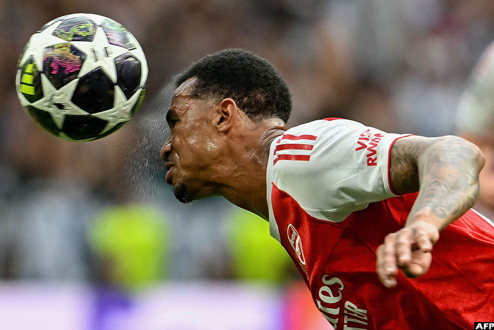 This closeup of Arsenal's defender Gabriel Magalhaes heading the ball illustrated the intensity of the contest
