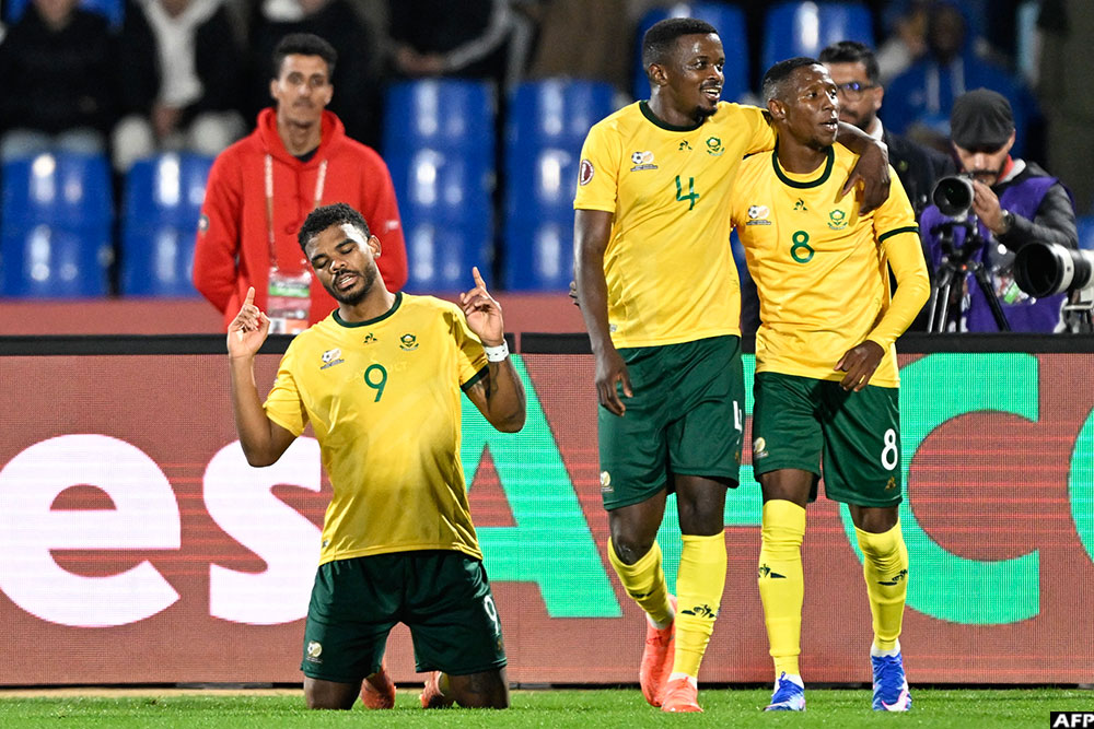 Lyle Foster (#9) scored the winning goal for South Africa against Angola in Group B of the 2025 Africa Cup of Nations at Marrakesh Stadium in Morocco on December 22, 2025.