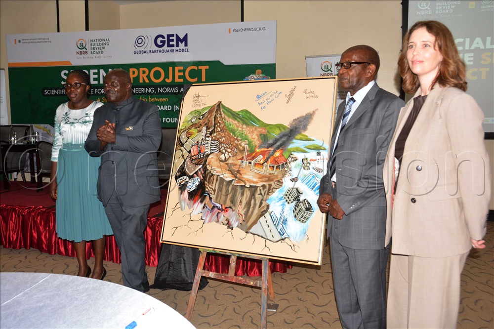 From left to right the executive secretary of National Building Review Board Flavia Gutto Bwire, works minister Gen. Katumba Wamala, outgoing board chair Emmanuel Male and the secretary general of Global Earthquake Model Helen Crowley pose for a photograph after launching the Serene Project at Mestil Hotel in Kampala on April 16, 2026. 