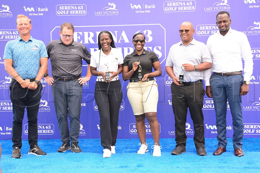 L-R: Lake Victoria Serena Golf Director- Theo Van Rooyen, I&M Bank CEO Robin Bairstow, Hellen, Annette Nakiyaga, the bank&rsquo;s head of marketing and corporate communications, Serena course vice-captain, John Muchiri and Chief Financial Officer at I&M Bank Timothy Musiime pose during the launch of the Serena 63 Golf Series at the Lake Victoria Serena gOLF Resort and Spa. Photo by Michael Nsubuga