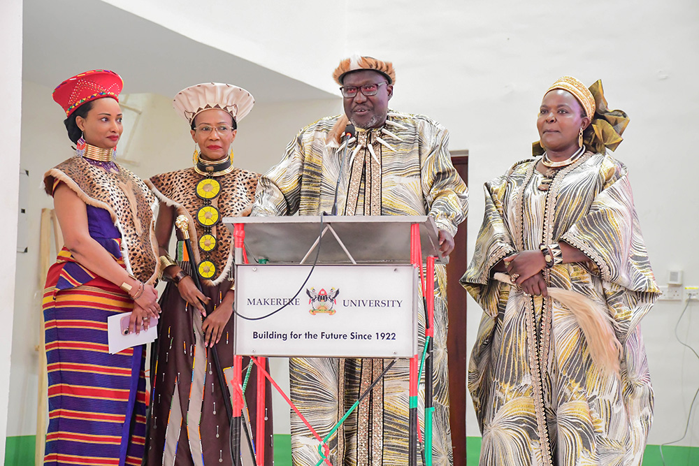 His Highness Papa Paul Eganda, the Founder and Global President of Aido Network International(C), his wife Queen Grace Eganda(L) alongside other royal members, speaks at the event. (Photo by Derrick Muduku)
