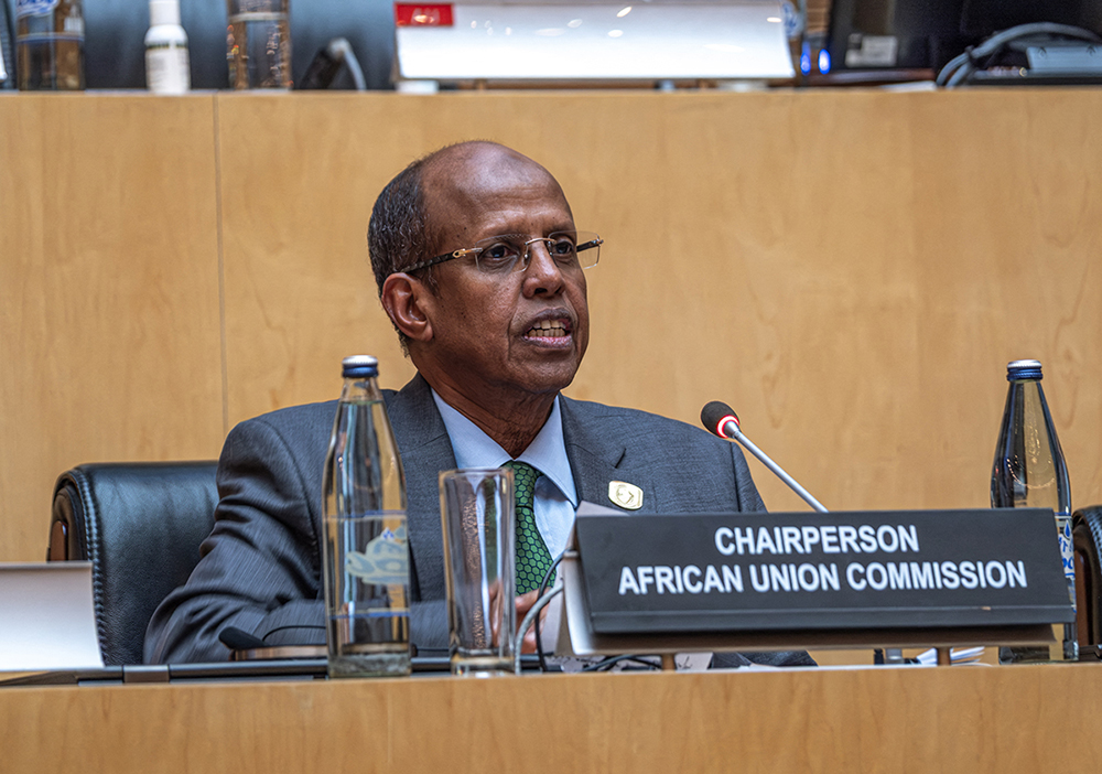 Mahmoud Ali Youssouf, Chairperson of the African Union Commission, addresses a closing press conference during the 39th Ordinary Session of the Assembly of the African Union at the AU Headquarters in Addis Ababa on February 15, 2026. (AFP)