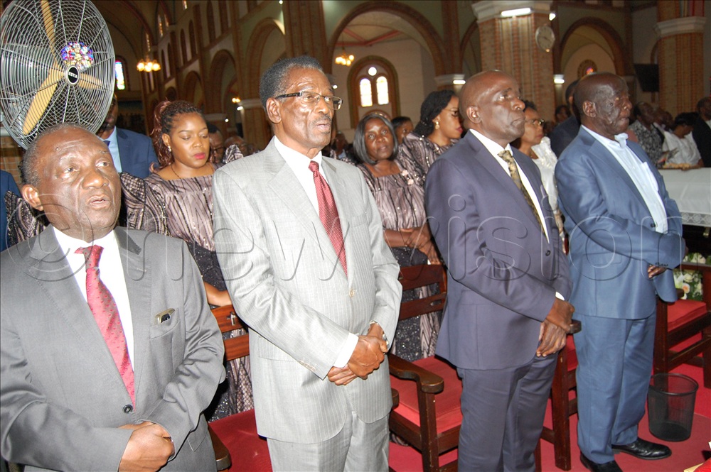 Buganda Kingdom officials, LR: former Deputy Katikkiro Emmanuel Ssendawula, former Katikkiro Joseph Mulwanyammuli Ssemwogerere, the Deputy Speaker of the Buganda Lukiiko Ahmed Lwasa with the former Vice-President Edward  Kiwanuka Ssekandi (right) during the funeral mass for Dr. Paul Kyabaggu at Lubaga Cathedral on Wesdnesday, September 24. 