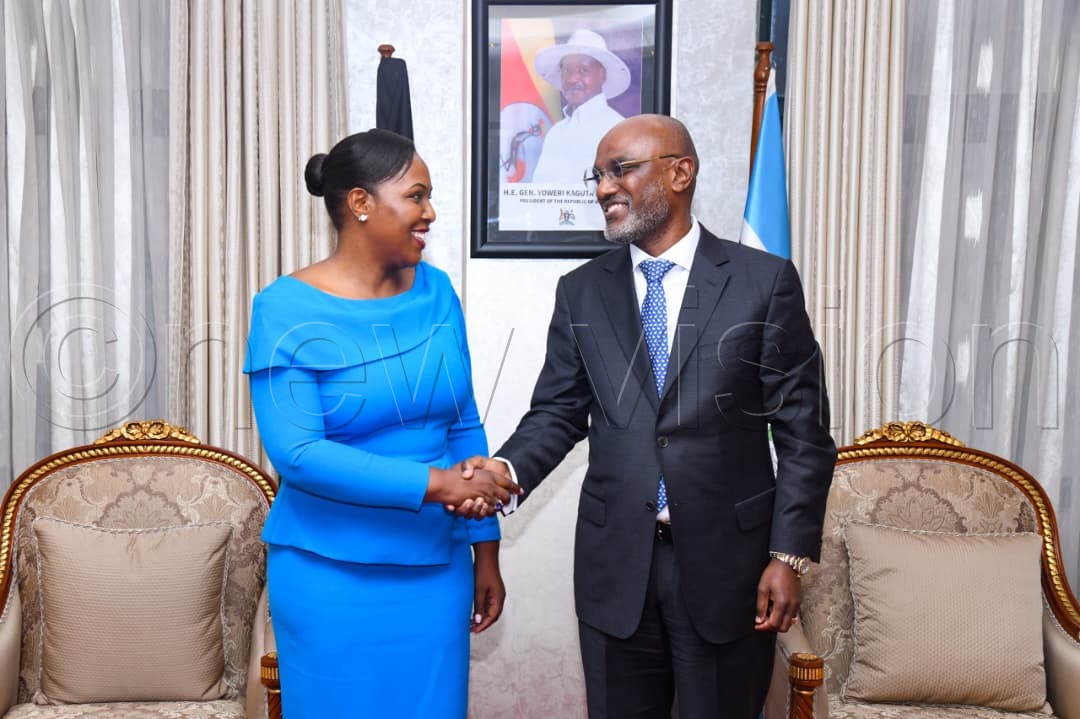 Anita Rukundo Tayebwa (2nd left), the wife of the deputy speaker of parliament, Thomas Tayebwa,, Minister of Foreign Affairs, Amb. Adonia Ayebare at the latter's office in Kampala. (Credit: Richard Sanya)