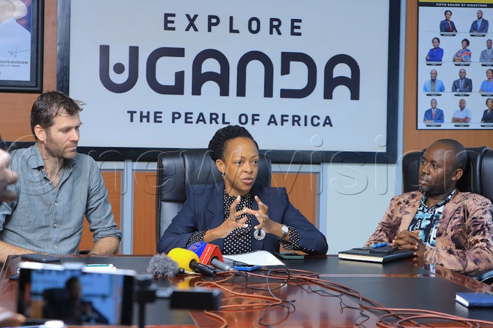 Martijn Harlaar (left), the CBI country lead, Julian Kagwa, the UTB chief executive officer, and Alex Kiiza, the chief executive officer for Kasese tourism investment forum, addressing media during the launch of the Rwenzori tourism destination management plan. (Credit: Julius Luwemba)