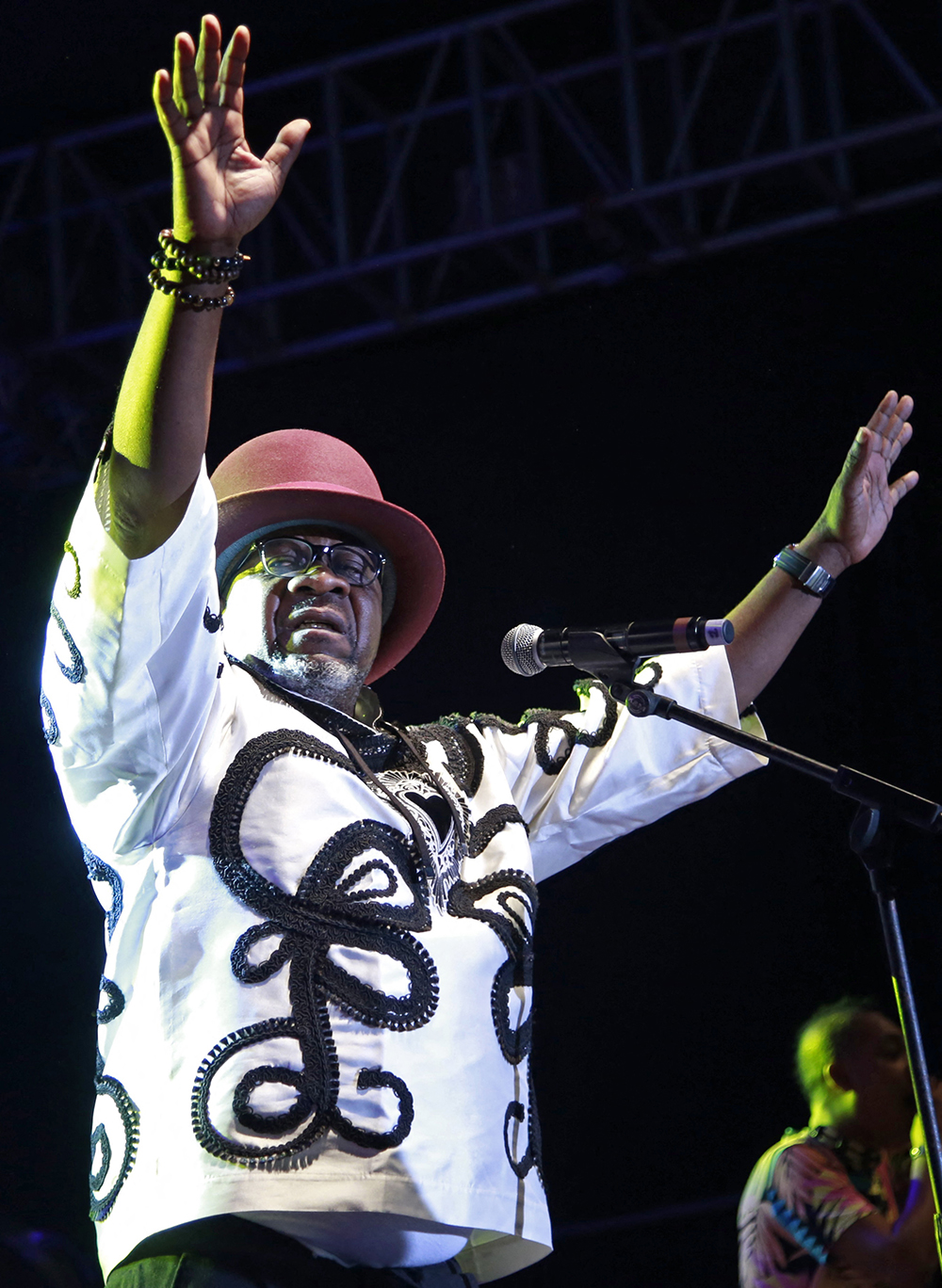 (FILES) Congolese music star Papa Wemba performs during the Femua music festival in Abidjan on April 24, 2016 before collapsing on stage. With less than one percent of the government's budget devoted to culture, little help is expected from the Congolese state. (AFP)
