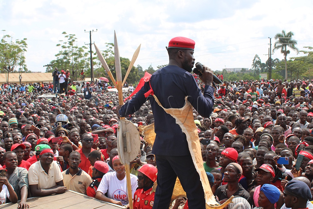 NUP President Robert Kyagulanyi addressing supporters at Busamaga Primary School in northern division Mbale City on September 6, 2023. (Photo by Paul Watala)