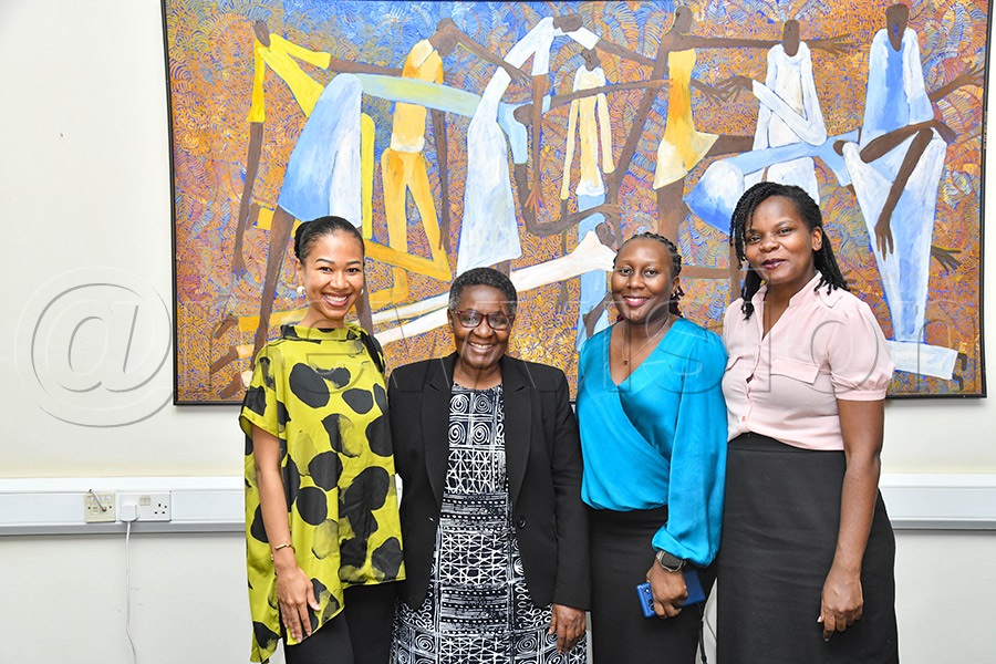 Outgoing EIC Barbara Kaija poses with Huawei Spokesperson Sooma Mukyala Fouziya (left), joined by Edna Mubiru (Content Manager Business Hub) and Penelope Nankunda (Content Manager Digital Hub) during a courtesy farewell visit at Vision Group headquarters in Kampala. Photo by Richard Sanya