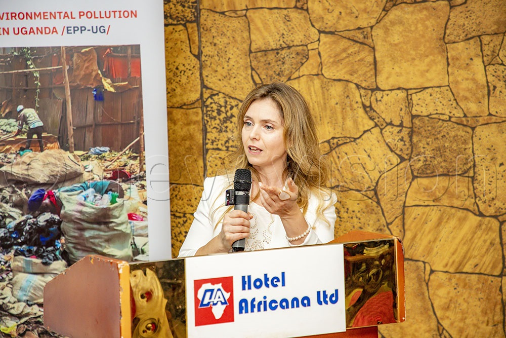 The executive director Global Alliance on Health and Pollution (GAHP) Maria Paola Lia addressing participants during the Environmental Pollution Program conference. (Photo by Agnes Kyotalengerire)