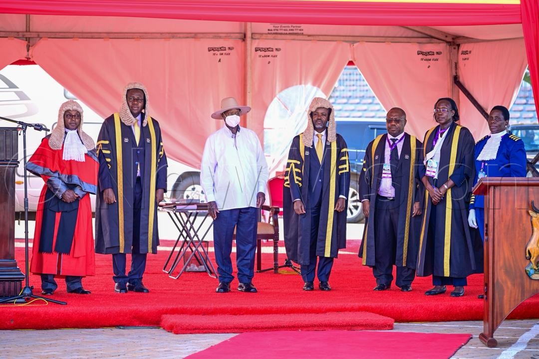 Chief Justice Flavian Zeija, Speaker of Parliament, Jacob Oboth-Oboth, President Yoweri Museveni, and deputy Speaker of Parliament, Thomas Tayebwa.