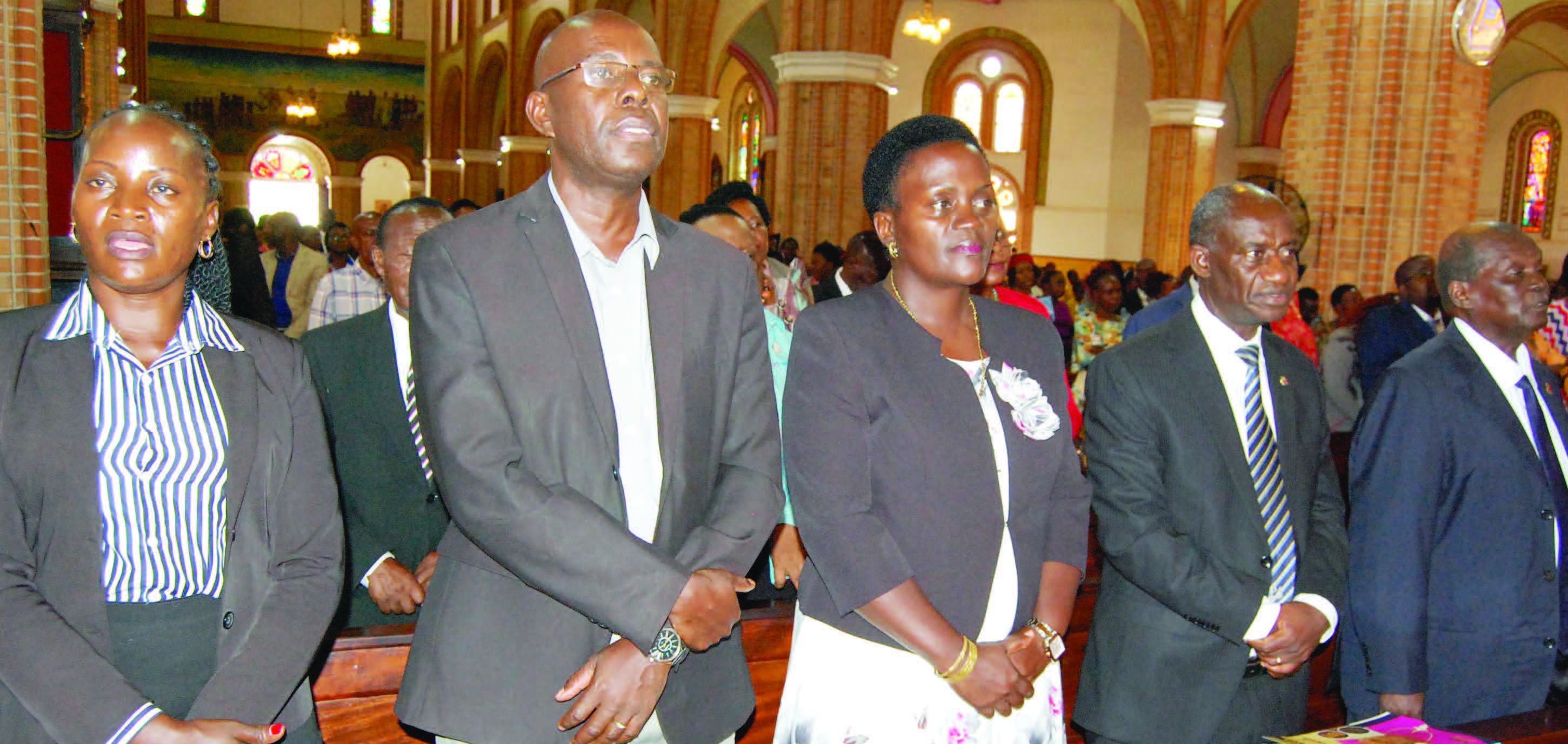 The head of the Catholic laity in Uganda, Gervas Ndyanabo (second-right), Lady Emily Mwaka (third-left) with other Christian leaders during the memorial Mass at Rubaga Cathedral in Kampala on Thursday