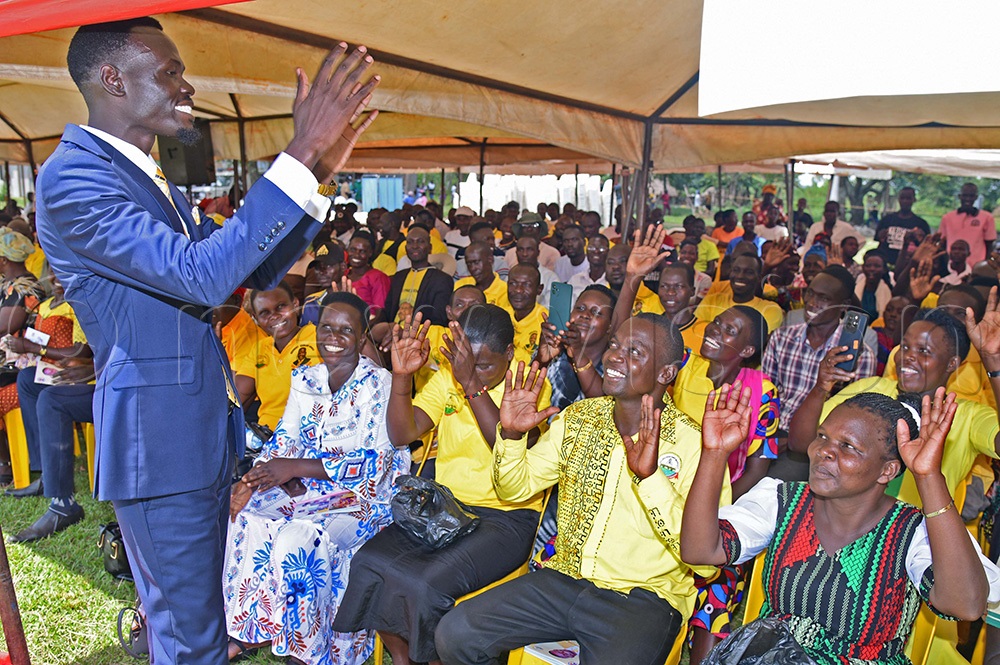 The newly elected Soroti district LC5 chairperson, Bob Owiny greeting some of his supporters during the thanksgiving function. (Photo by Godfrey Ojore)