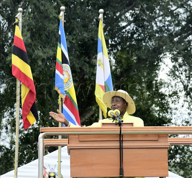 President Yoweri Museveni warned the Parish Chiefs and members of the PDM SACCO boards against demanding land as a condition for approving anyone to access PDM funds. (All Photos by Eddie Ssejjoba)