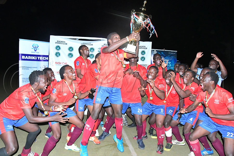 Kampala Swans players celebrate their victory at the 2026 Rockets Open at Lugogo on February 15, 2026, after edging Wananchi 5-4 in a shootout. Photo: Silvano Kibuuka