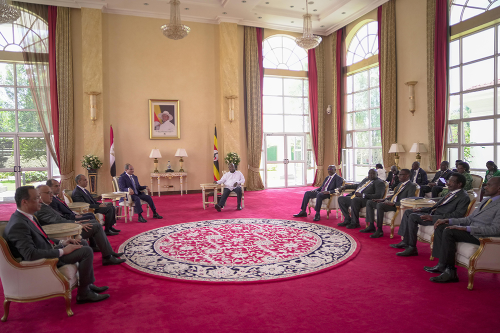President Museveni and President El-Sisi during bilateral talks at State House Entebbe. (PPU)