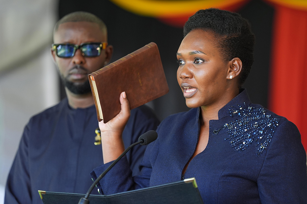Phiona Nyamutoro, minister of state for energy and mineral development (minerals) taking oath. (PPU)