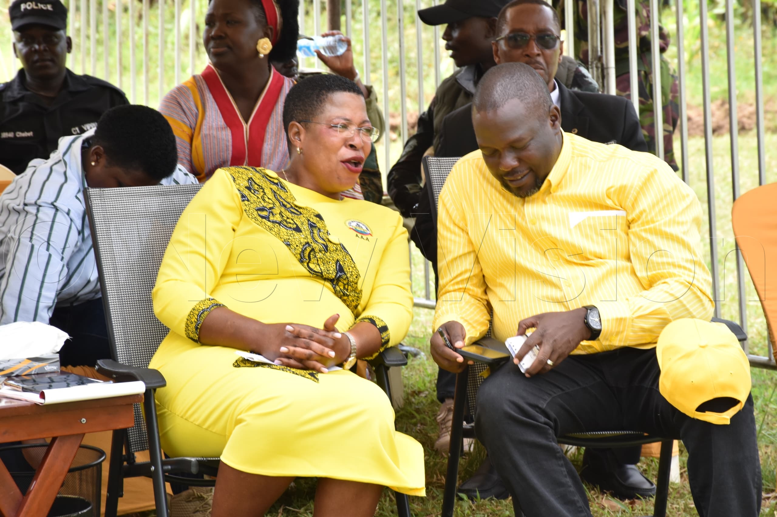 Speaker of Parliament, Anita Among interacting with NRM secretary general, Richard Todwong.