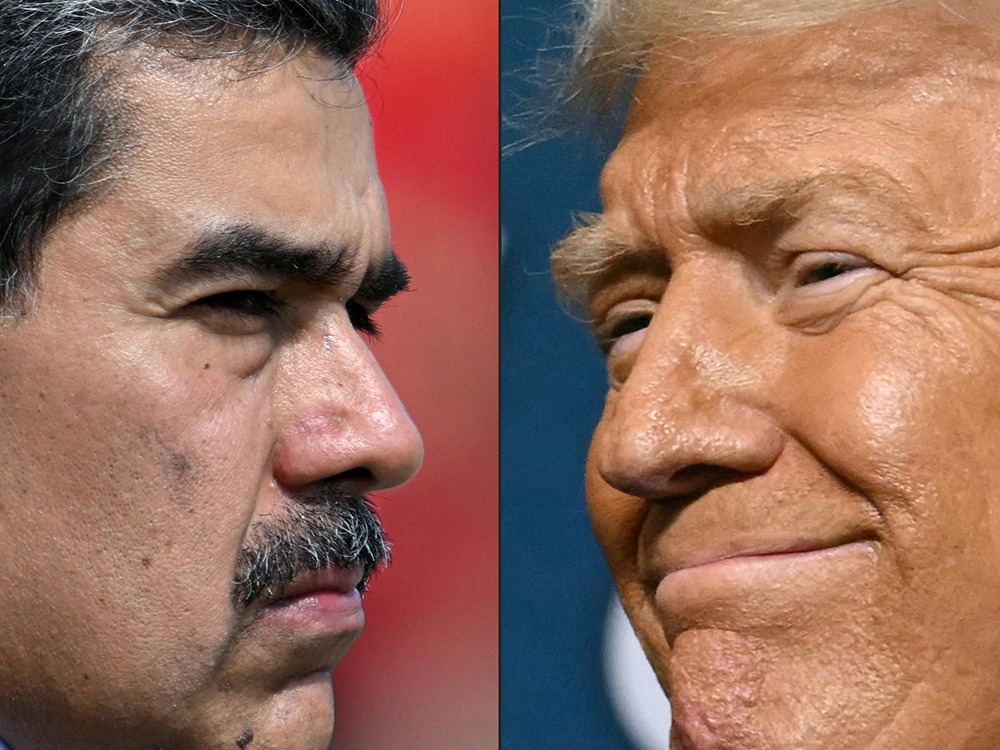 This combination of pictures created on August 08, 2025 shows Venezuela's President Nicolas Maduro (L) in Caracas on January 10, 2025, and US President Donald Trump (R) in Pittsburgh, Pennsylvania on July 15, 2025. (AFP)