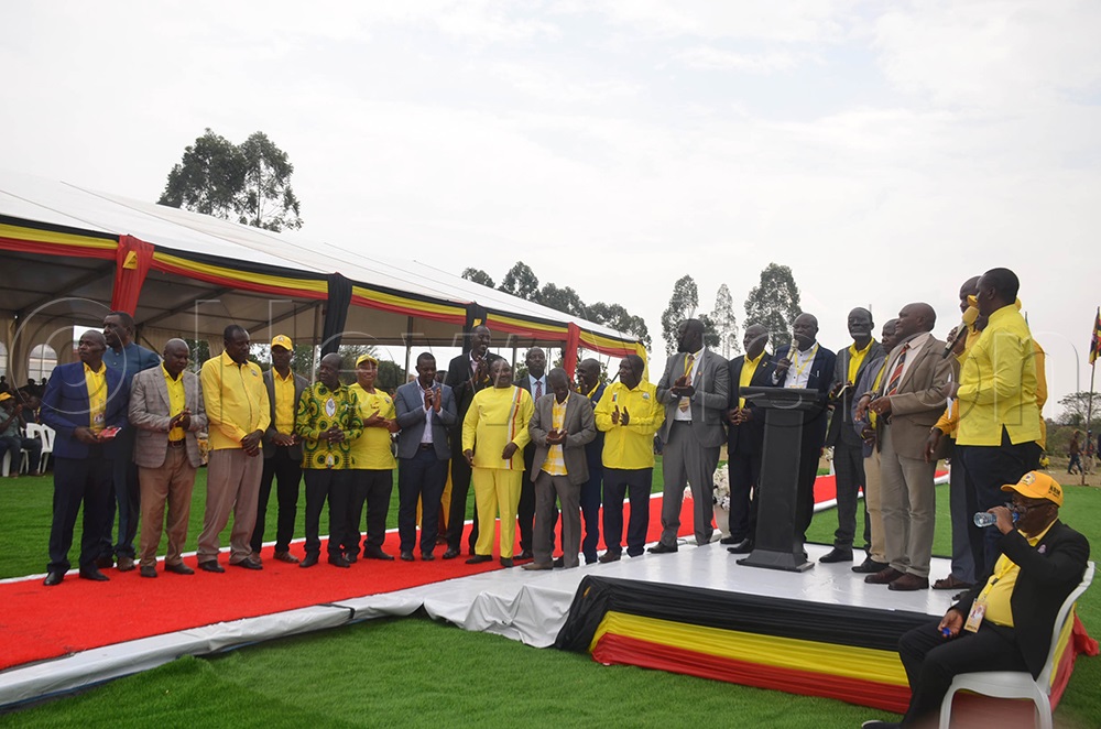 An LC3 chairperson from Isingiro North County delivers a speech during the NRM victory celebrations held at Kyeirumba Playgrounds on Wednesday. (Photo by Abdulkarim Ssengendo)