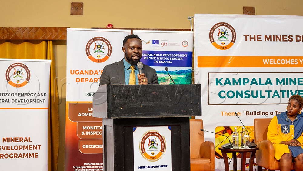 Benard Mungu Feni, Director of EuroGold, addressing stakeholders during the consultation meeting held in Munyonyo. (Credit: John Musenze)