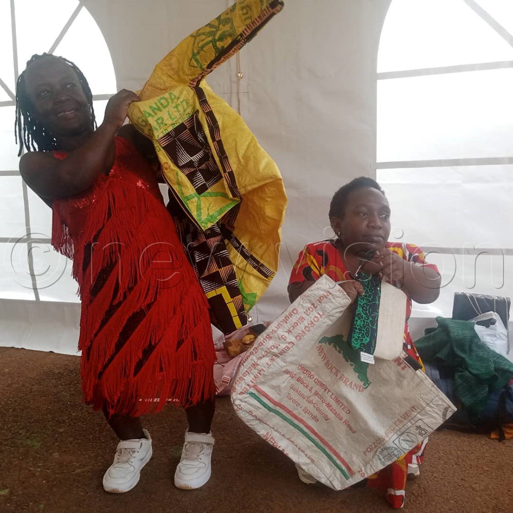 Some women exhibitiing thier innovations from plastic waste on the sidelines of the Women in Climate Change Action Conference at MUBS. (Photo by Prossy Nandudu)