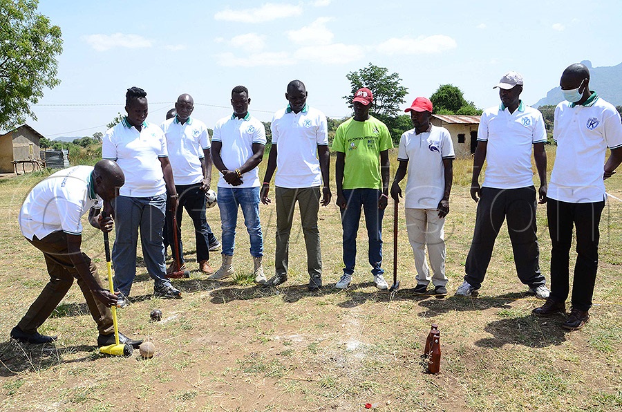 The chairman of the Karamoja Games, Richard Okot, launching woodball at Nakapiripirit Primary School grounds. Photo by Gabriel Esiku
