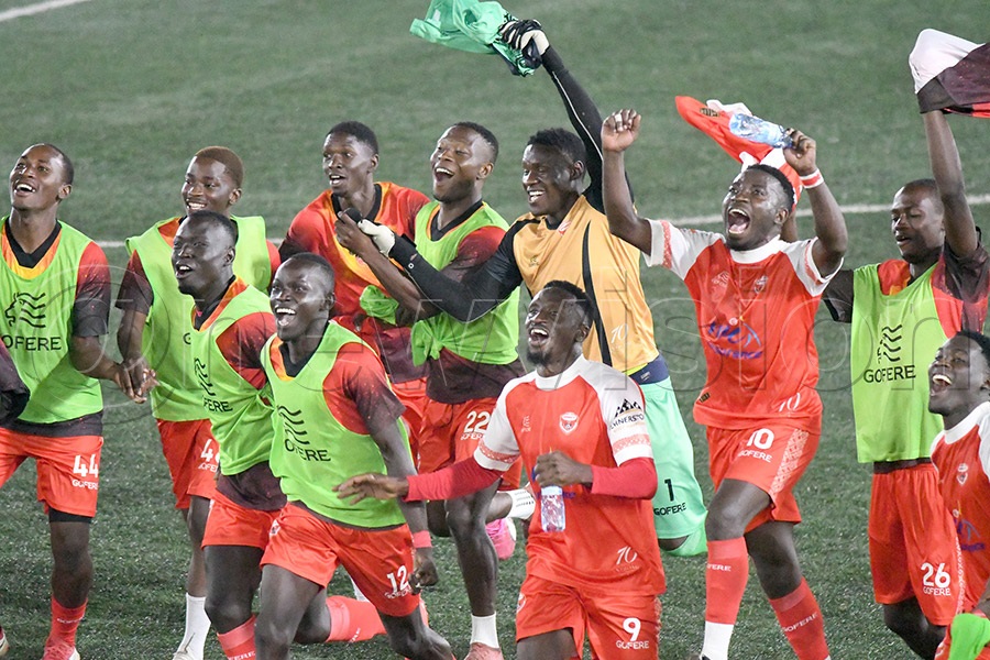 Express FC players celebrate after Express beat KCCA FC 2-0 during a Uganda Premier League match at the Hamz Stadium. Photo by Michael Nsubuga