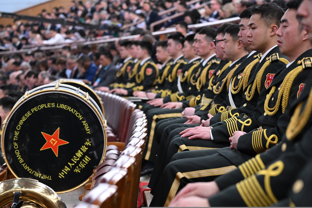 The People&rsquo;s Liberation Army (PLA) band members attend the opening session of the National People's Congress (NPC) at the Great Hall of the People in Beijing on March 5, 2025. 
