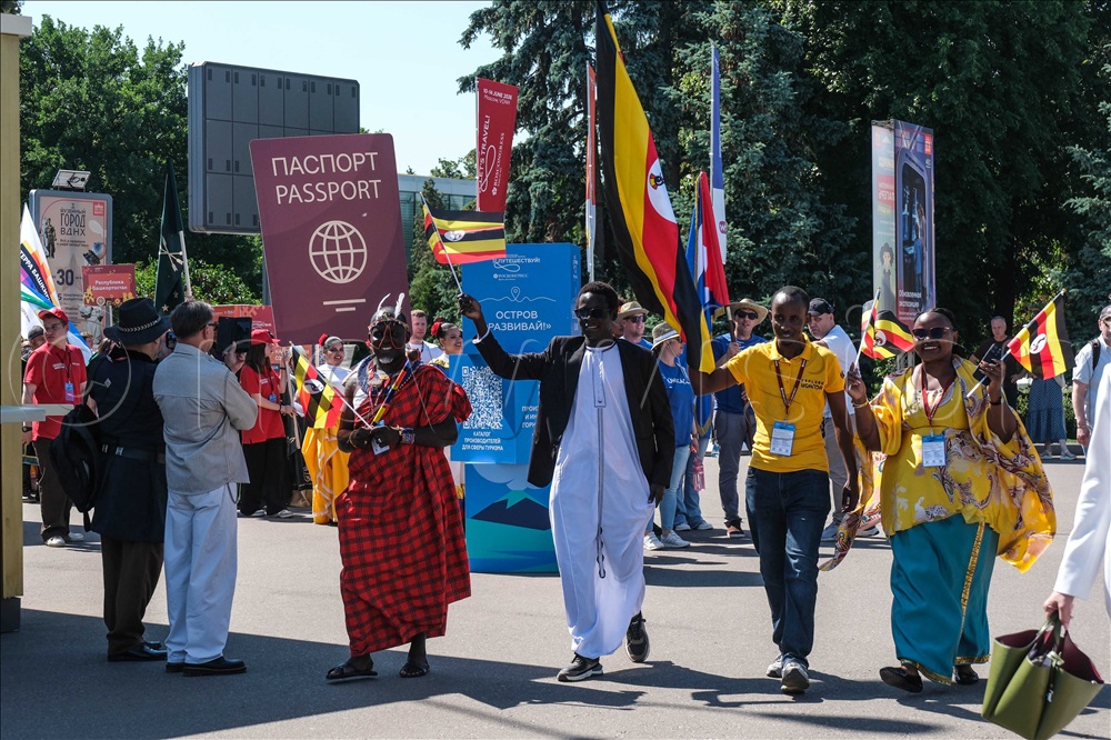 Ugandans participating in the matching parade during the Let's travel International Expo in Moscow, on June 10, 2026.