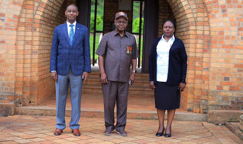 UCU Vice Chancellor, Prof. Aaron Mushengyezi, together with Prof. Charles Kwesiga, Executive Director of the Uganda Industrial Research Institute (C), is seen on the sidelines of the symposium organised by the Directorate of Research, Partnerships and Innovation (DRPI) in collaboration with the Directorate of Postgraduate Studies at UCU.