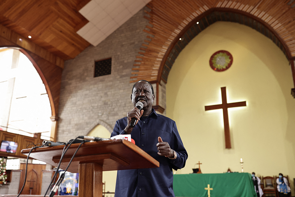 (FILES) Raila Odinga, Kenya's Azimio La Umoja Party (One Kenya Coalition Party) presidential candidate, speaks during a church service at St Francis ACK Church in Karen, near Nairobi, on August 14, 2022. (AFP)