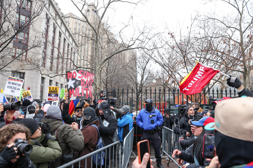 Demonstrators gather outside the Daniel Patrick Moynihan United States Courthouse as ousted Venezuelan president Nicolas Maduro awaits his arraignment hearing on January 5, 2026 in New York. (AFP)