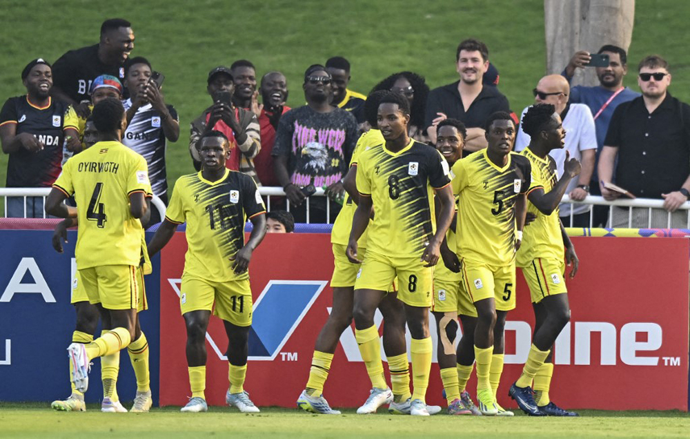 Uganda celebrates after scoring the only goal of the FIFA U-17 World Cup Qatar 2025 Group K clash with France in Doha, Qatar to qualify for the round of 32. (AFP Photo)