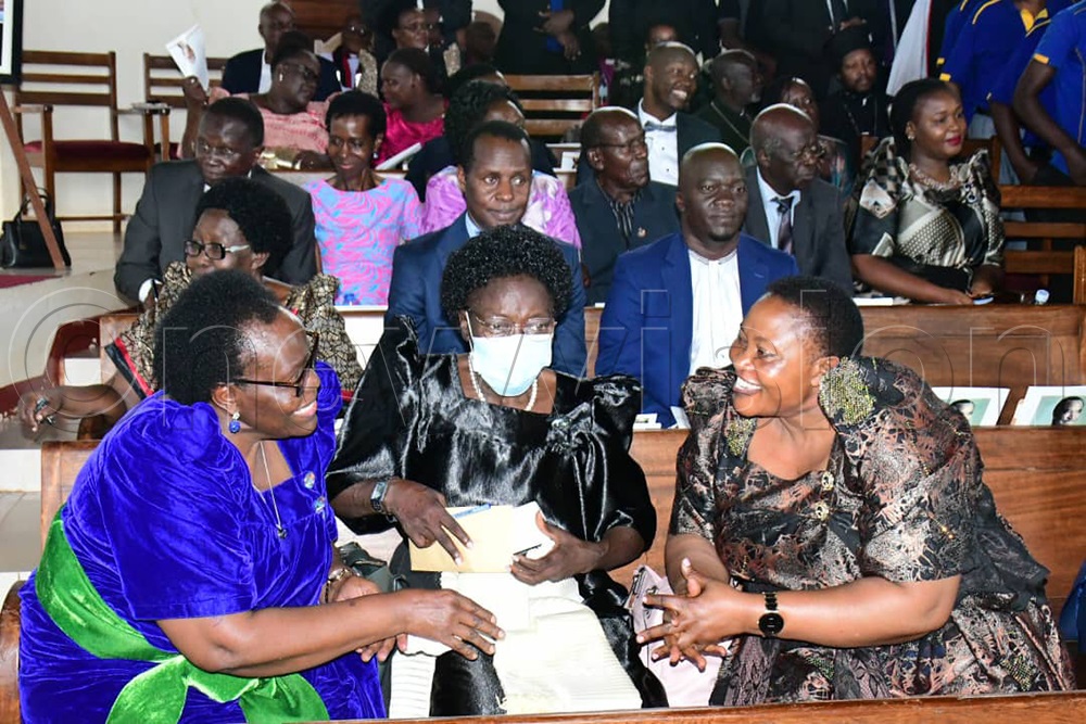 The Minister for Presidency Milly Babalanda Babirye (right) and the First Deputy Prime Minister of Uganda and Minister of East African Community Affairs Rebecca Kadaga (middle) attending the last funeral service of the late Henry Kyemba at Christ Cathedral Bugembe today. (Photo by Donald Kiirya)