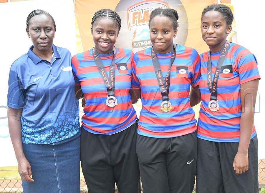 Greenhill Academy's Altona Swim Club's Susan Namayanja (left) poses with Altona's trio of Abigail Mwagale, Paula Nabukeera and Nailah Nakitto after the Flash Invitaitional gala at Greenhill Academy, October 25, 2025. Photo by Michael Nsubuga