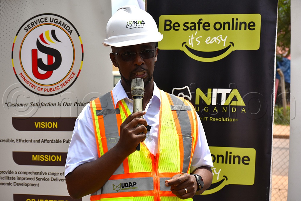 Dr Hatwib Mugasa, the executive director of NITA-U, speaking during the construction launch. (Photo by Claude Omona)