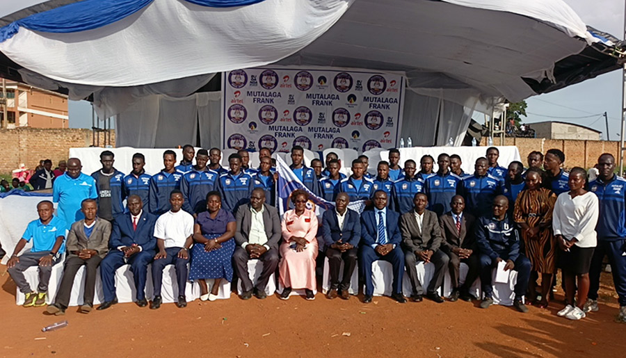 The unveiled Bulemeezi FC team in Blue jerseys |Back row| with the Ssaza and Technical officials