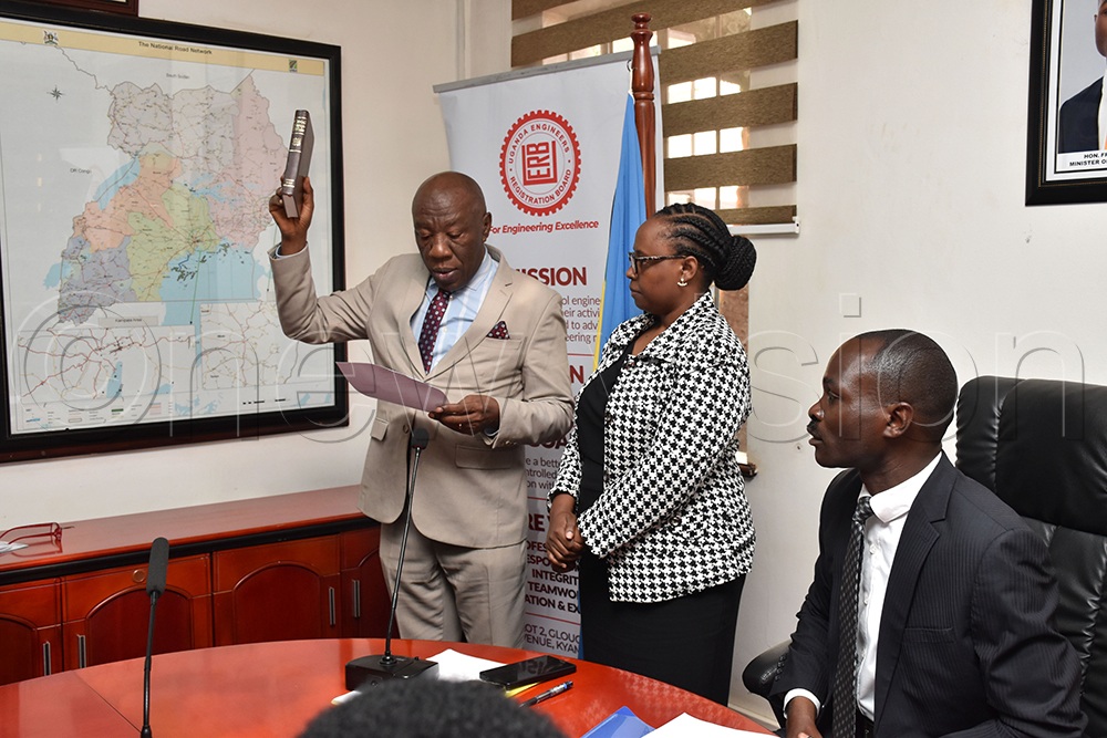 Eng. Henry Alinaitwe, the chairperson of the Engineers Registration Board (ERB), speaks during the inauguration of the 21st ERB at the Ministry of Works and Transport on September 30, 2026. (Photo by Simon Peter Tumwine)
